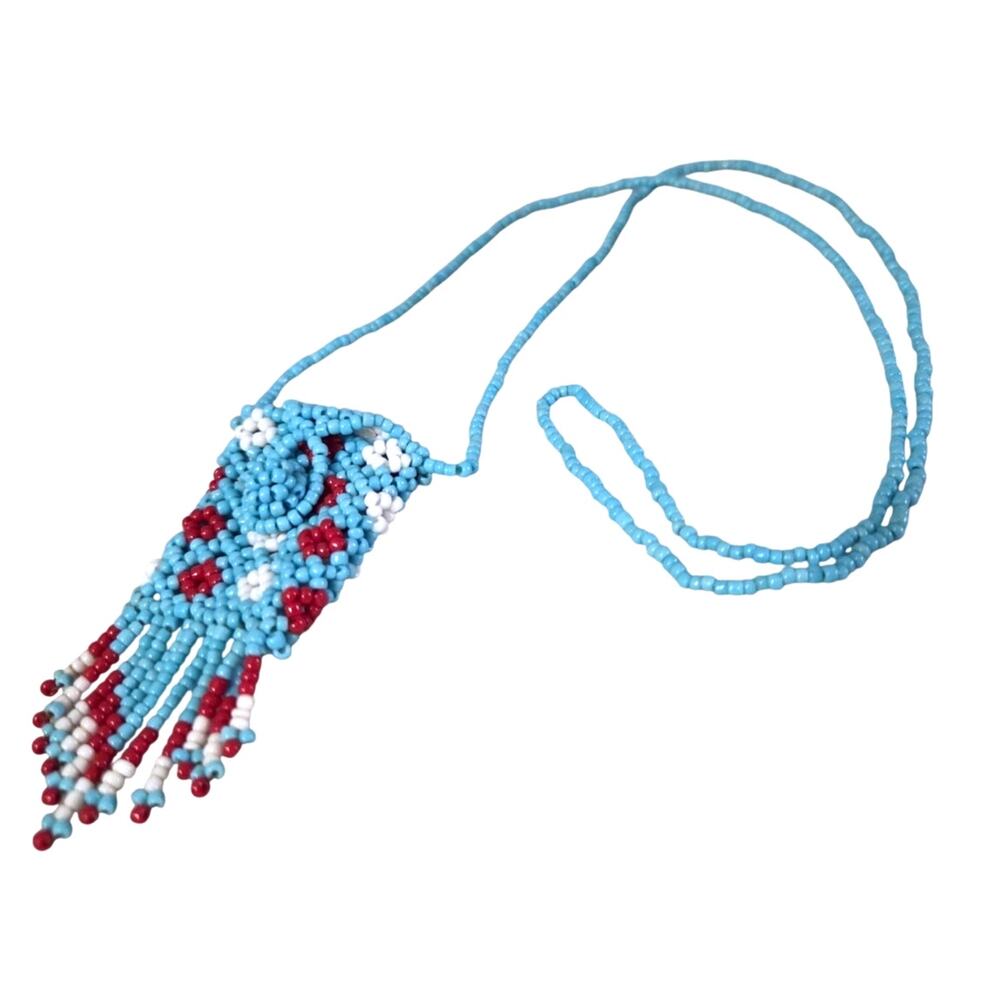 VTG Multi Color Seed Bead Pouch Necklace Amulet Sachet Medicine Bag Fringe Boho